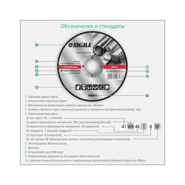 Круг відрізний Sigma по металу та нержавіючій сталі 115x1.0x22.2мм, 13300об/хв (1940001) - picture 3