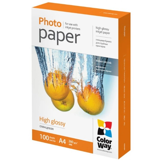 Фотобумага ColorWay A4 260г glossy 100ст, карт.уп. (PG260100A4) - изображение 1