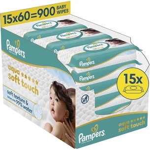 Дитячі вологі серветки Pampers Aqua Soft Touch 15x60 шт (900 шт) (8006530140232) зображення 1