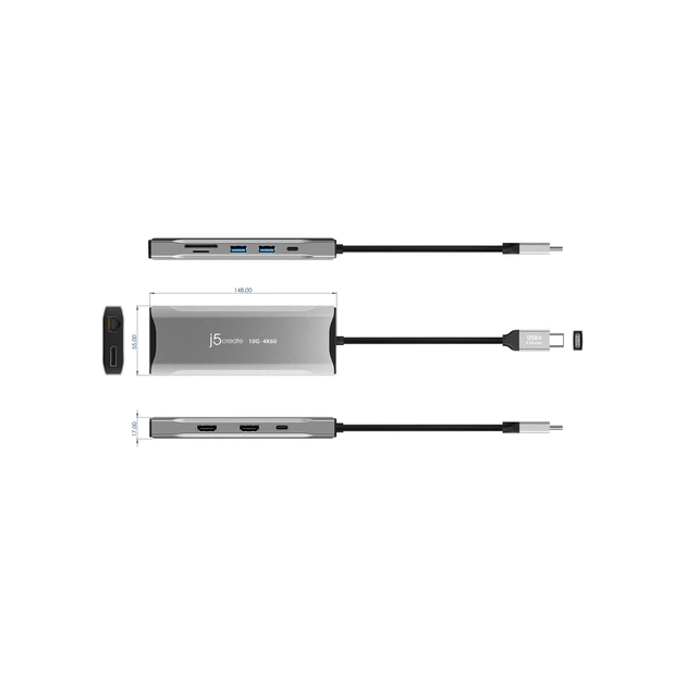 Концентратор J5create USB-C 9-in-1 2xUSB 3.2 + 2xUSB-C PD + 2xHDMI 4K + DisplayPort + SD/TF + RJ45 1000Mbps gray (JCD397-N) - picture 5