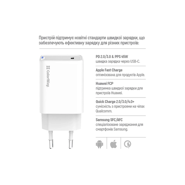 Зарядний пристрій ColorWay GaN Mini 45W PD Port PPS USB-C white (CW-CHS057PD-WT) - picture 9