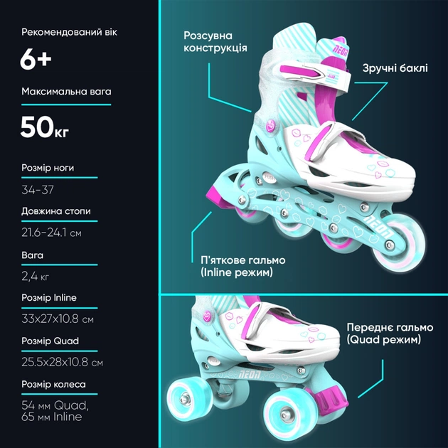 Роликові ковзани Neon Сombo Turquoise розмір 34-37 (NT10T4) - picture 7