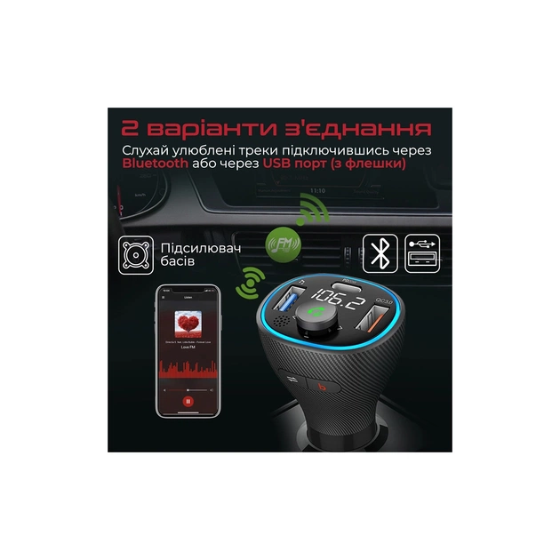 FM модулятор Promate PowerTune 38w USB-A OTG/USB-A QC3.0/USB-C PD Black (powertune-38w.black) - зображення 3