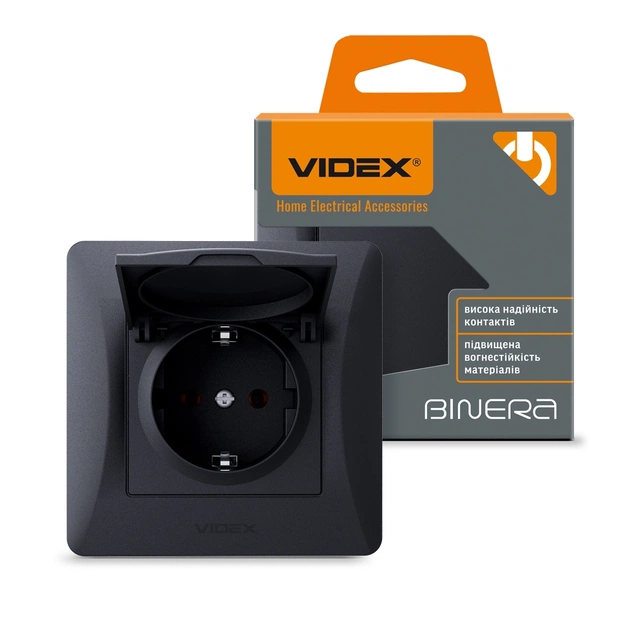 Розетка Videx BINERA 1ая із заземленням і кришкою черн (VF-BNSK1GС-BG) - зображення 4