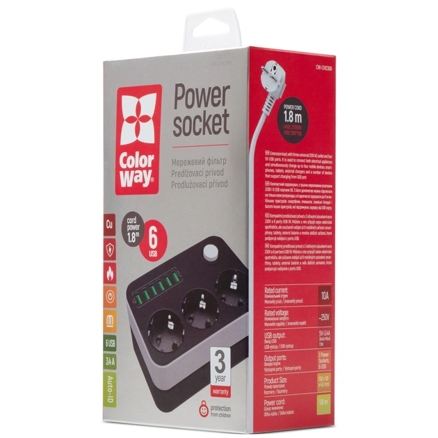 Мережевий фільтр живлення ColorWay CW-CHЕ36B, 3 розетки/6USB Black 1.8M (CW-CHE36B) - picture 9