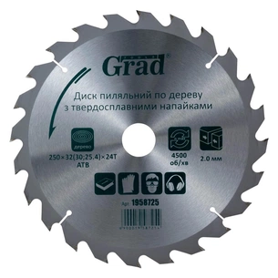 Круг відрізний Grad по дереву з твердосплавними напайками 250×32(30;25.4)×24T (1958725) зображення 1