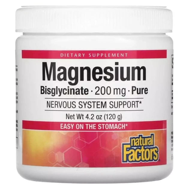 Мінерали Natural Factors Магній Бісгліцинат у порошку, 200 мг, Magnesium Bisglycinate, Pure, 120 (NFS-01642) - зображення 1