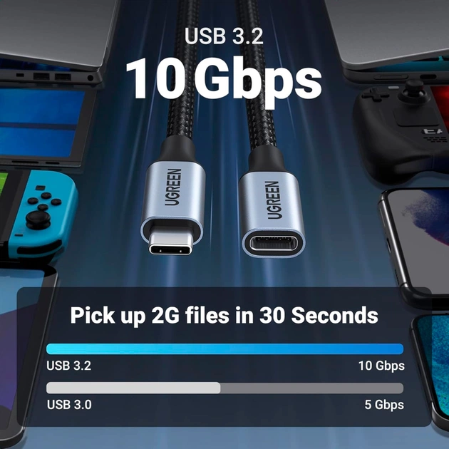 Дата кабель Ugreen USB-C M/F 1.0m 5A 10Gbps USB 3.1 black (30205) - зображення 3
