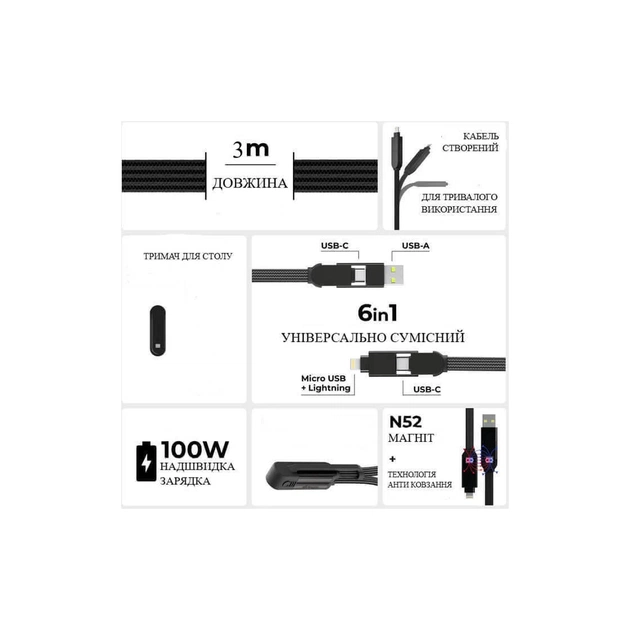 Дата кабель 6in1 inCharge XL 3.0m black Rolling Square (XLL01R) - picture 4