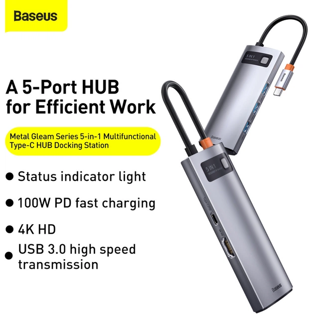 Концентратор Baseus USB3.1 Type-C to USB Type C PD 100W/HDMI 4K 60 Hz/3*USB 3.2 Gen1/ 5in1 (CAHUB-CX0G) - picture 12