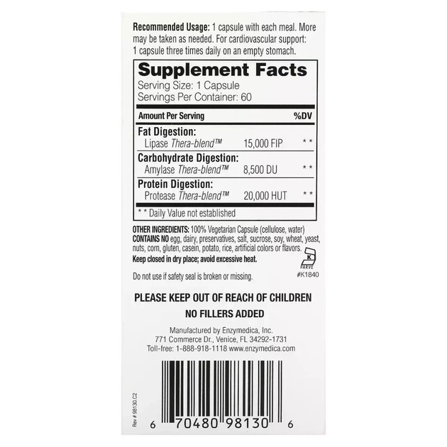 Пробіотики Enzymedica Ферменти для засвоєння жирів, Lypo Gold, For Fat Digestion, 60 капсул (ENZ-98130) - зображення 3