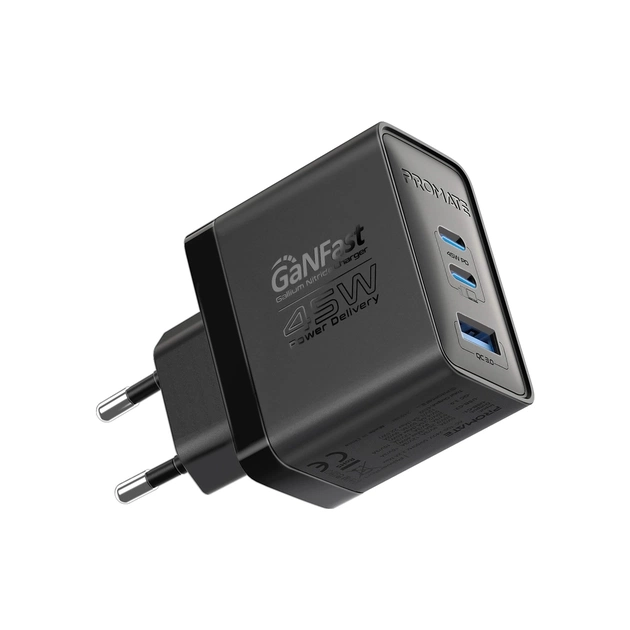 Зарядное устройство Promate powerport-45 2xUSB-C PD + USB-A QC 45W Black (powerport-45.black) - изображение 1