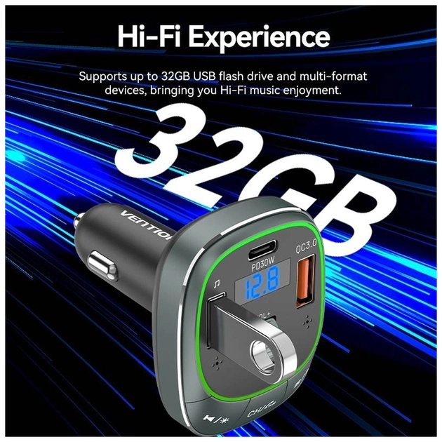 FM модулятор Vention PD 54W 3-Port USB (C+A+A) LED/USB Flash/Bluetooth, вольтметр (FFLB0) - picture 12