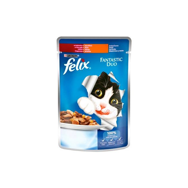 Вологий корм для кішок Purina Felix Fantastic Duo шматочки в желе з індичкою і печінкою 100 г (7613036923200) - изображение 1
