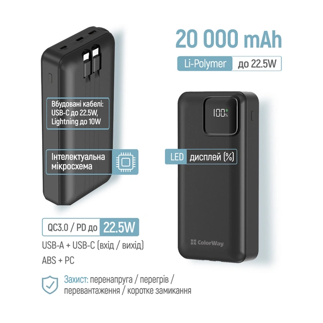 Батарея універсальна ColorWay 20 000 mAh Optimal Power PD/22.5W, QC/3.0, Black (CW-PB200LPB5BK-PDD) - зображення 7