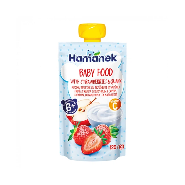 Дитяче пюре Hamanek Яблуко Полуниця Сир, 120 г (8595139783952) - зображення 1