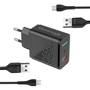 Зарядний пристрій Grand-X QC3.0 18W + microUSB + Type-C cables (CH-650MT) зображення 1