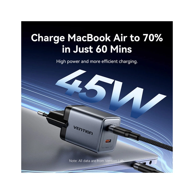 Зарядний пристрій Vention 2xUSB-C PD45W GaN + cable USB-C to USB-C 1.0m black gray (TZ-FCDH0-EU) - зображення 5