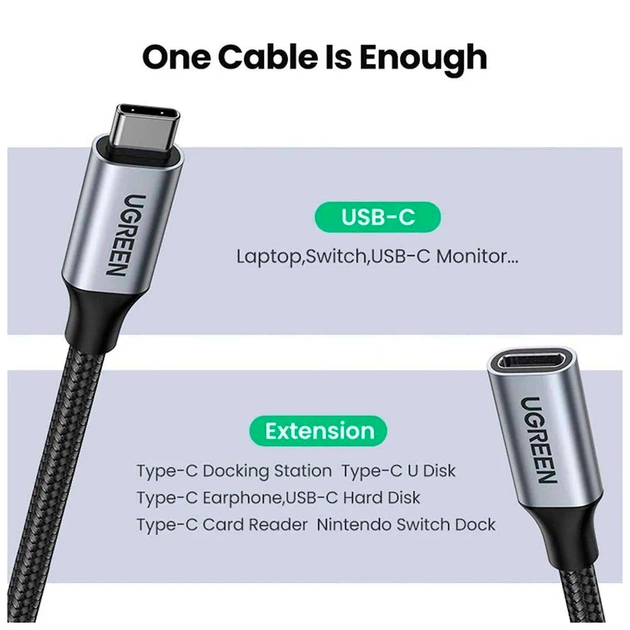 Дата кабель Ugreen USB-C M/F 1.0m 5A 10Gbps USB 3.1 black (30205) - зображення 10