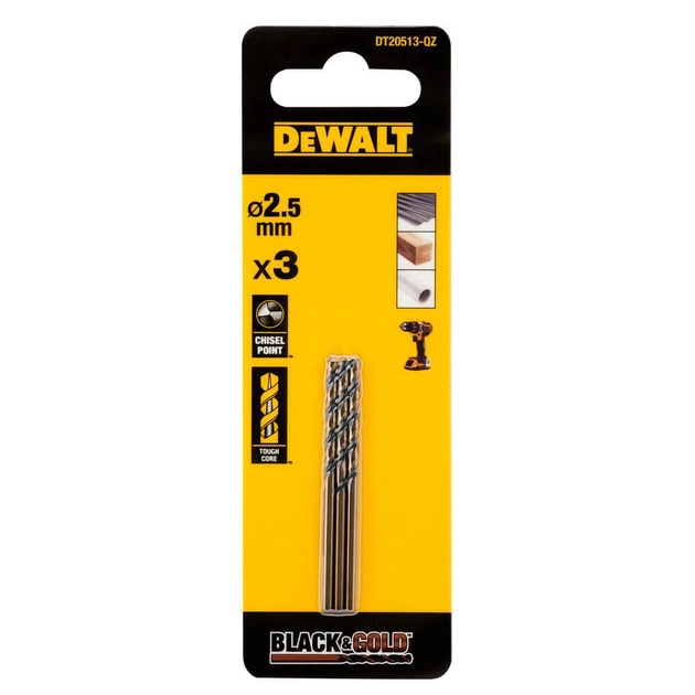 Сверло DeWALT по металлу Black & Gold,HSS-G, 2.5 х 57 х 30 мм, 3 шт. (DT20513) - изображение 1