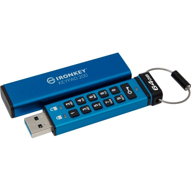 USB флеш накопичувач Kingston 64GB IronKey Keypad 200 AES-256 Encrypted Blue USB 3.2 (IKKP200/64GB) - изображение 1