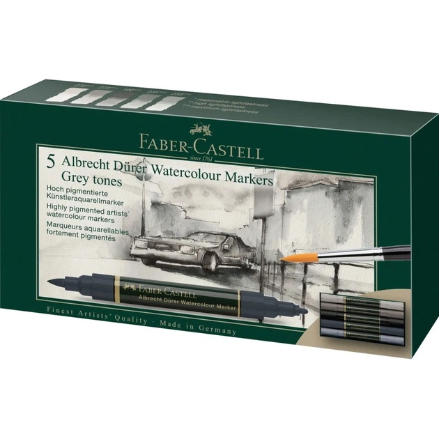 Художественный маркер Faber-Castell акварельные двухсторонние Albrecht Dürer Grey Tones, набор 5 цветов серые тона (31349) - изображение 1