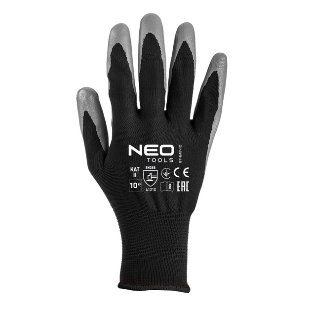 Защитные перчатки Neo Tools комплект 12шт, полиэстер с нитриловым покрытием, р.11, серо-черный (97-647-11) - изображение 4