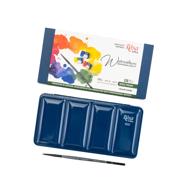 Акварельні фарби Rosa Gallery SPECTRUM, 28*2,5мл, з пензлем, кювета Індіго металевий пенал (4823098544784) - picture 3