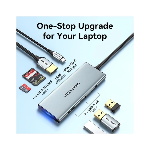 Концентратор Vention USB 3.1 Type-C to HDMI/USB 3.0x3/SD/TF/PD 100W 7-in-1 (TOPHB) - picture 5