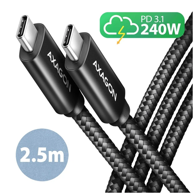 Дата кабель USB-C to USB-C 2.5m USB 2.0 PD 240W 5A black AXAGON (BUCM2-CM25AB) - изображение 1
