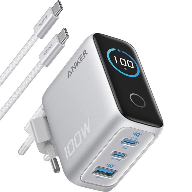 Мережевий зарядний пристрій Anker GaN Charger 100W, 2xUSB-C, 1xUSB-A, Display Silver (B121BG41) + кабель USB Type-C - изображение 1
