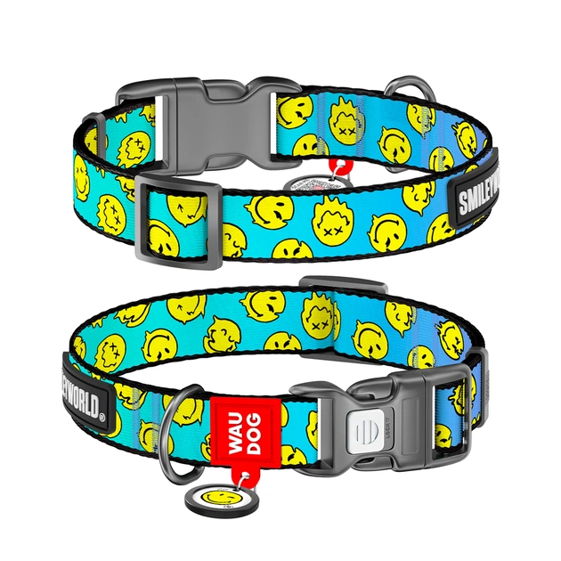 Ошейник для животных WAUDOG Nylon с QR-паспортом "Смайлики на голубом", пластиковый фастекс L (282-0182) - изображение 1
