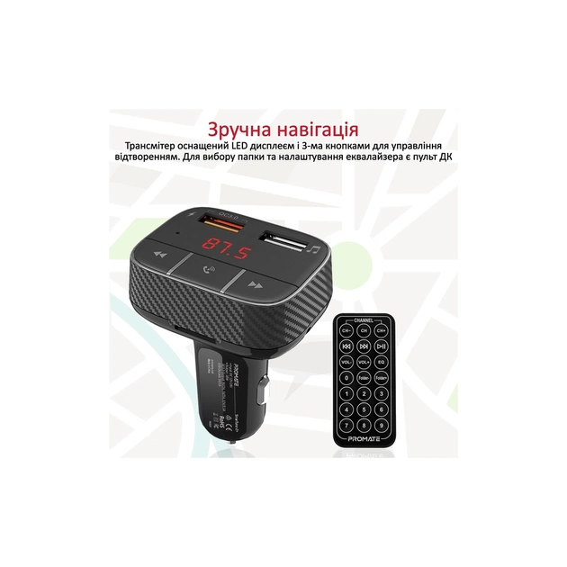 FM модулятор Promate SmarTune 2+ BLUETOOTH 5.0 USB QC 3.0 AUX/SD/USB BLACK (smartune-2+.black) - зображення 7