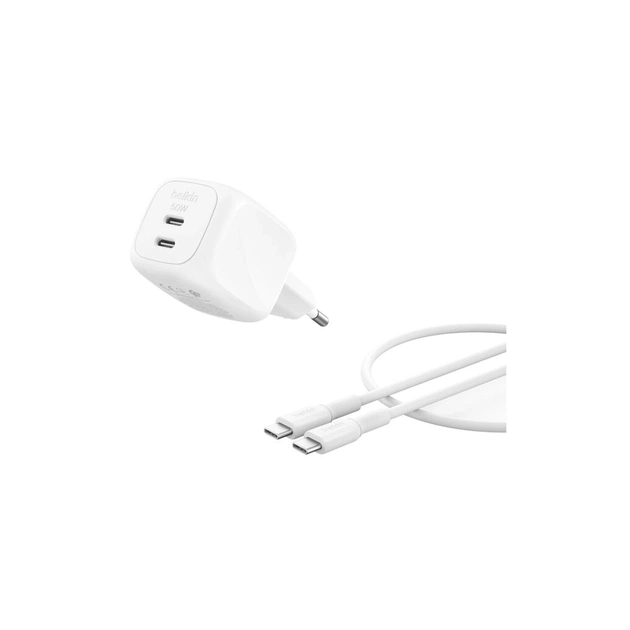 Зарядний пристрій Belkin 2xUSB-C PD50W GaN PPS + cable USB-C to USB-C 1.0m white (WCH019KQ1MWH-B6) - зображення 1