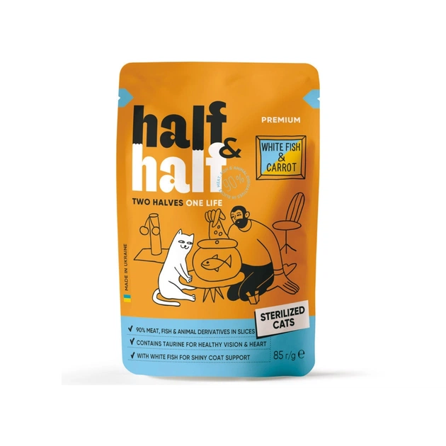 Влажный корм для кошек Half&Half для стерилизованных с белой рыбой и морковью в соусе 85 г (4820261921908) - изображение 1