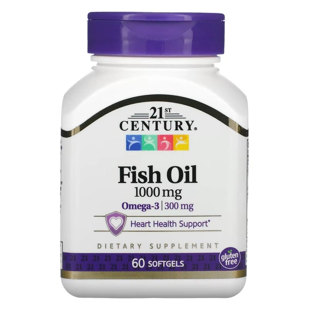 Жирные кислоты 21st Century Рыбий жир, 1000 мг, Fish Oil, 60 желатиновых капсул (CEN-21495) - изображение 1