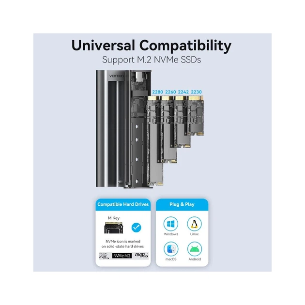 Кишеня зовнішня Vention SSD M.2 (NVME) M-key USB Type-C 3.2 10Gbps Heat Sink Aluminum (KPKH0) - picture 6