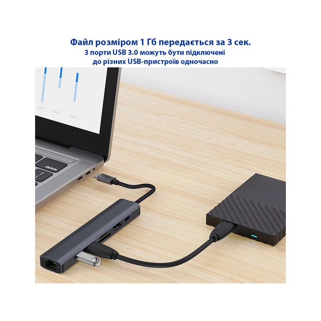 Концентратор Dynamode 7-in-1 USB-C to HDTV 4K/30Hz, 2хUSB3.0, RJ45, USB-C PD 100W, SD/MicroSD (BYL-2303) - picture 9