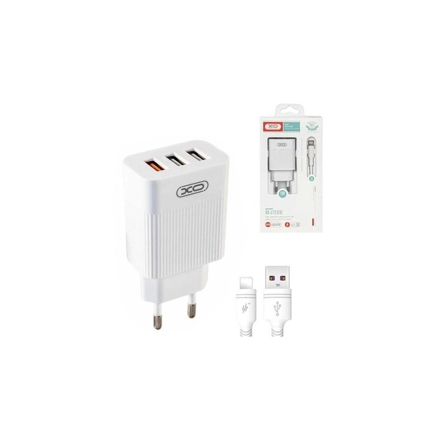 Зарядний пристрій XO QC 3.0 L72 30W (18W/1USB + 2.4A/2 USB) + cable Lightning White (XO-L72i-WH) - зображення 1