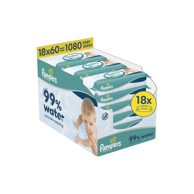 Детские влажные салфетки Pampers 99 Water 60 шт х 18 пачок (1080 шт) (8006530116374) - изображение 1
