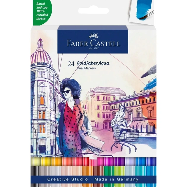 Художественный маркер Faber-Castell акварельных двухсторонних Goldfaber Aqua Dual Marker, 24 цвета (32364) - изображение 1