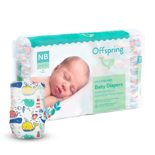 Подгузники Offspring Willy the Whale размер NB до 4 кг 56 шт (DP-OI-FAT-NB56P-WTW) - изображение 1