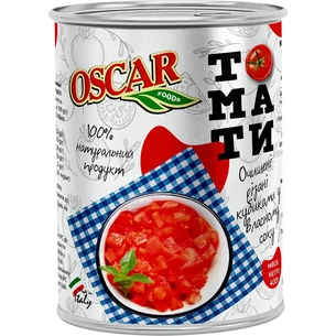 Овочева консервація Oscar foods Томати очищені різані кубиками у власному соку 400 г (8028277007739) зображення 1