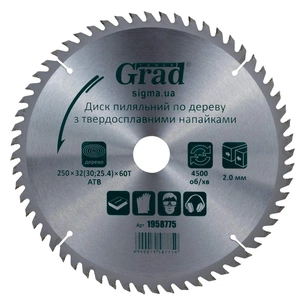 Круг відрізний Grad по дереву з твердосплавними напайками 250×32(30;25.4)×60T (1958775) зображення 1