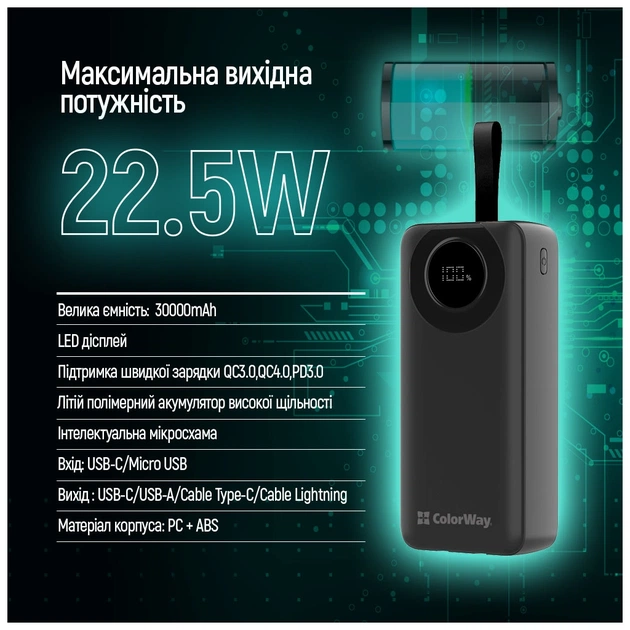 Батарея універсальна ColorWay 30 000 mAh EnergyPlus PD/18W, QC3.0/22.5W, Black (CW-PB300LPB4BK-PDD) - зображення 10