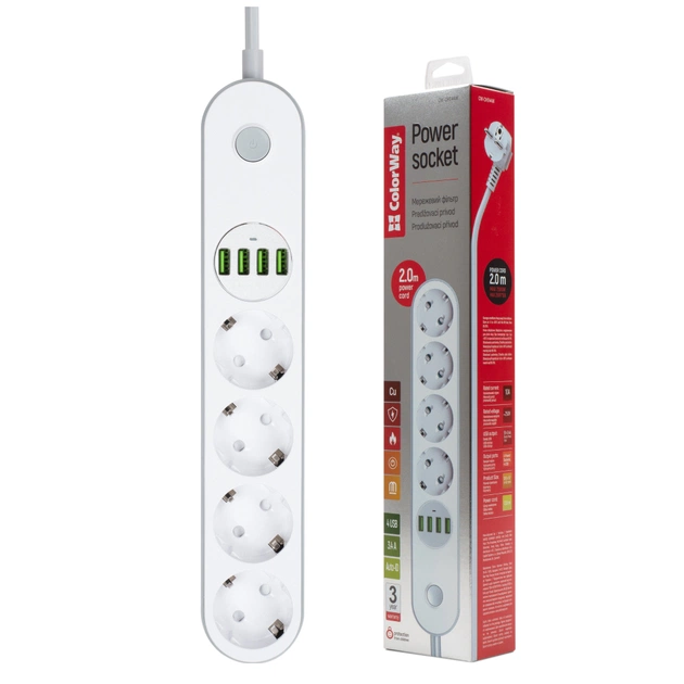 Мережевий фільтр живлення ColorWay CW-CHE44W, 4 розетки/4USB White 2M (CW-CHE44W) - picture 2