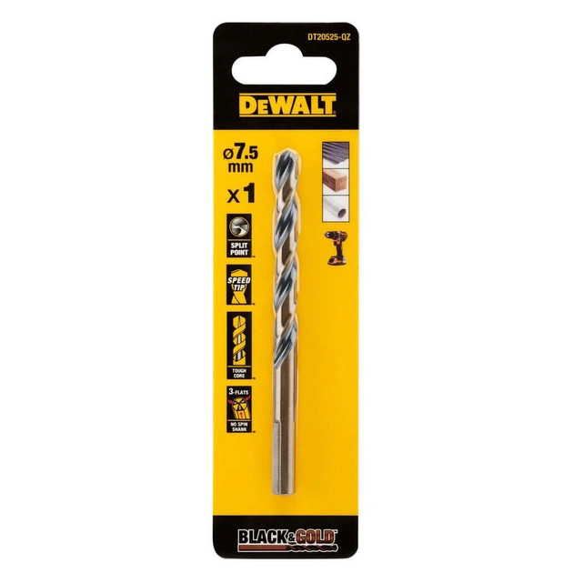 Сверло DeWALT по металлу Black & Gold,HSS-G, 7.5 х 109 х 69 мм (DT20525) - изображение 1