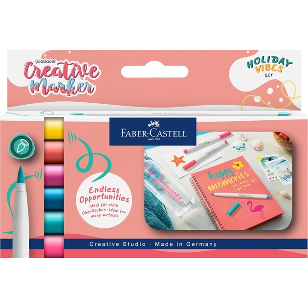 Набор маркеров Faber-Castell тонких для декора Goldfaber Creative Marker Brush Holiday Vibes, наконечник В 6 цветов (33006) - изображение 1