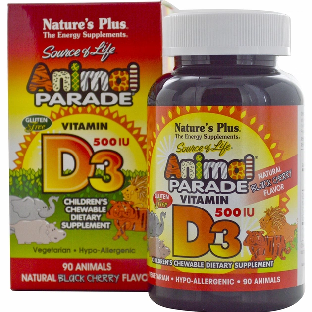 Вітамін Natures Plus Вітамін D3 для Дітей, Смак Чорної Вишні, Animal Parade, 90 ж (NAP-29950) - зображення 1