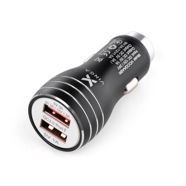 Зарядное устройство Vinga QC3 Quick Dual USB Car Charger aluminium 18W Max (VCCQAABK) - изображение 1